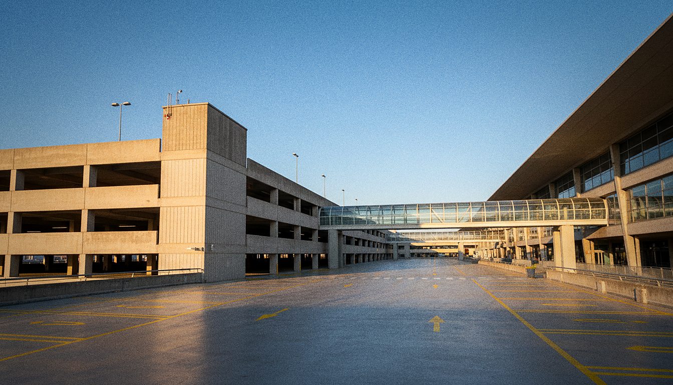 parking multi-niveaux en béton relié au terminal par une passerelle vitrée, marquage au sol jaune fraîchement peint