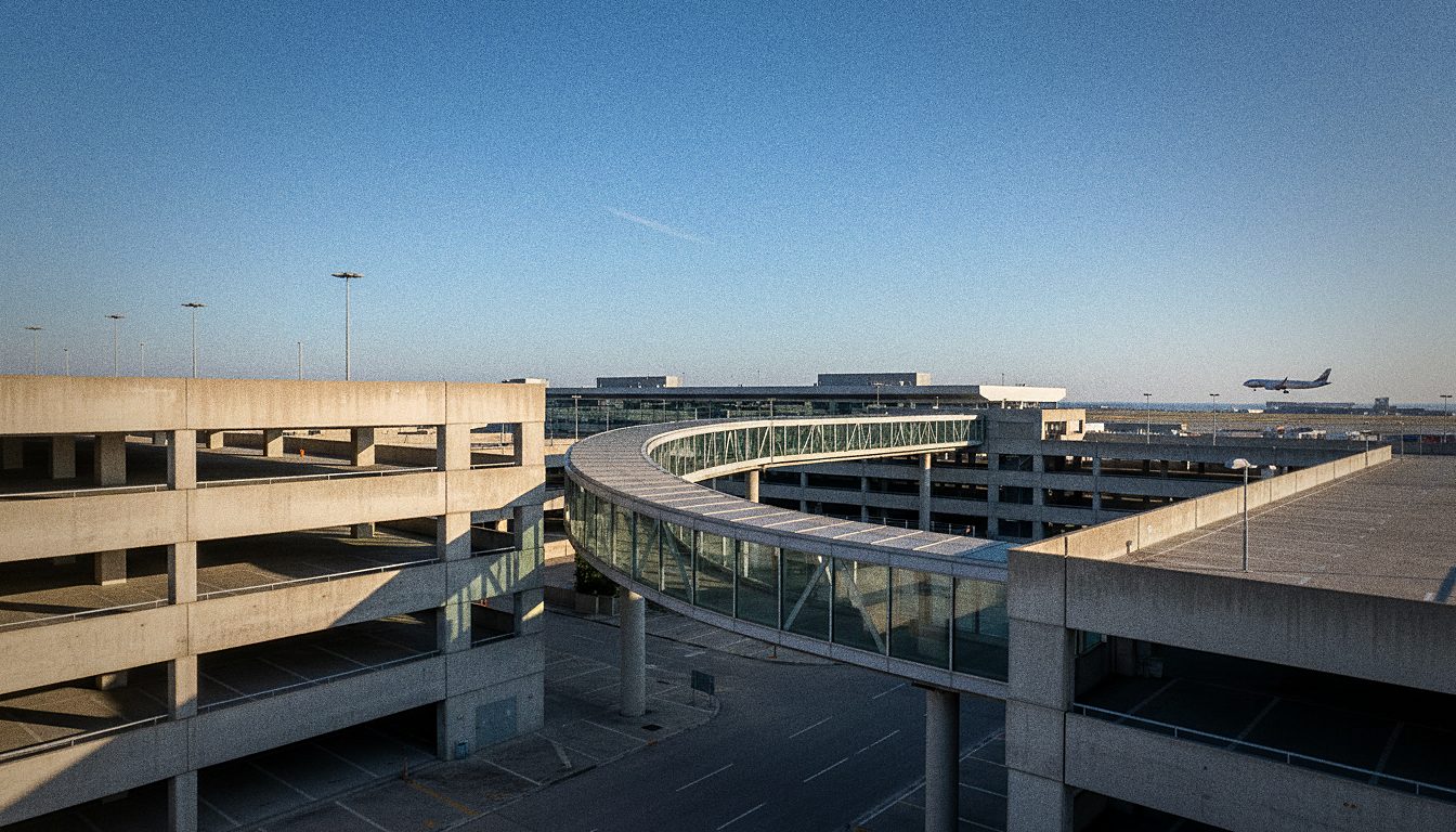 parking multi-niveaux en béton relié au terminal par une passerelle vitrée, ciel dégagé et avion en approche au loin