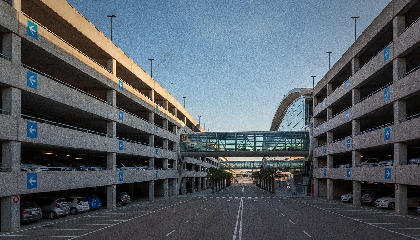 parking multi-niveaux en béton relié au terminal par une passerelle vitrée, panneaux directionnels bleus en bout d'allée