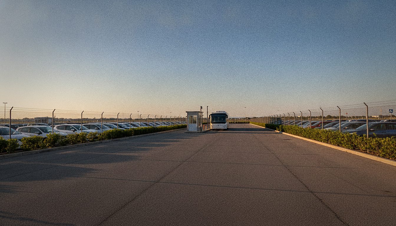 parking relais extérieur clôturé, rangées de voitures et navette blanche à quai, haies basses le long de la clôture