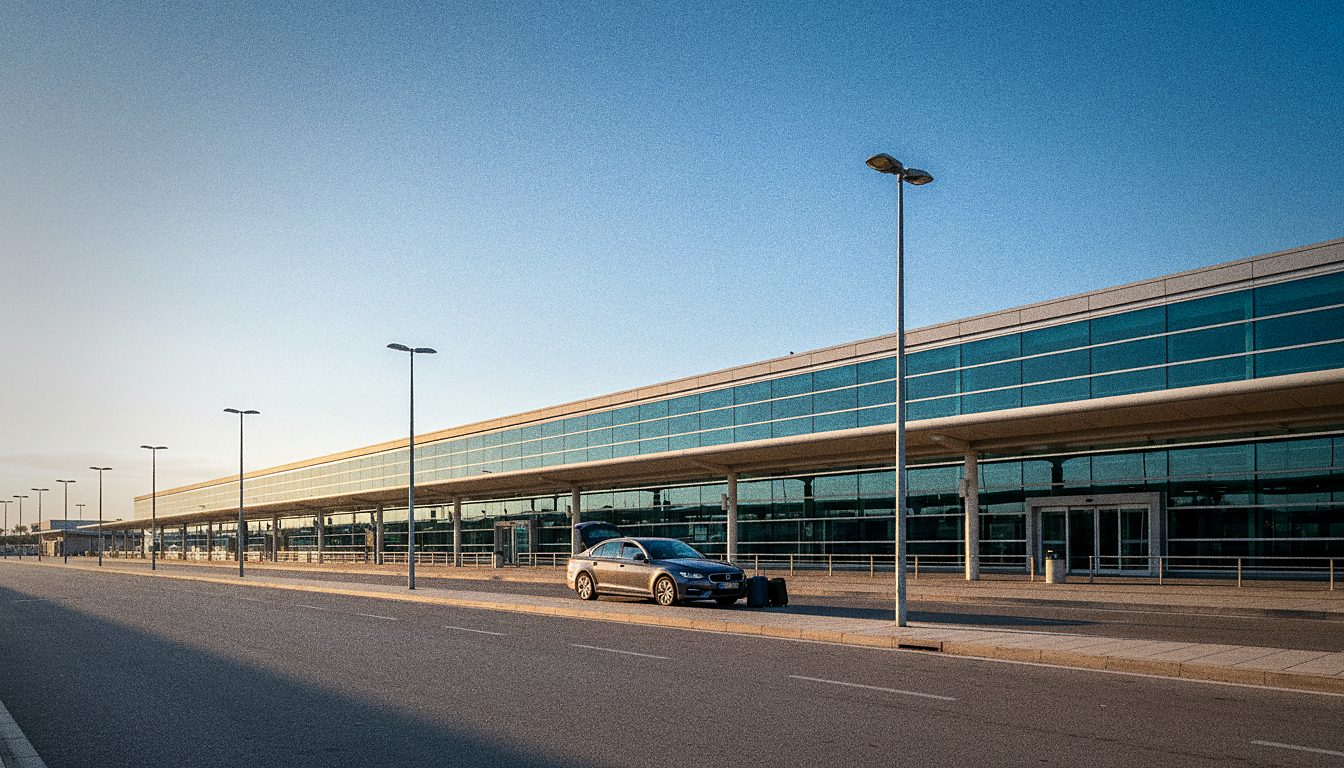 zone de dépose-minute devant le hall des départs, voiture arrêtée le long du trottoir, lampadaires métalliques et bitume clair
