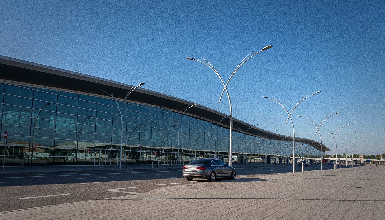 zone de dépose-minute devant le hall des départs, voiture arrêtée le long du trottoir, lampadaires métalliques et bitume clair