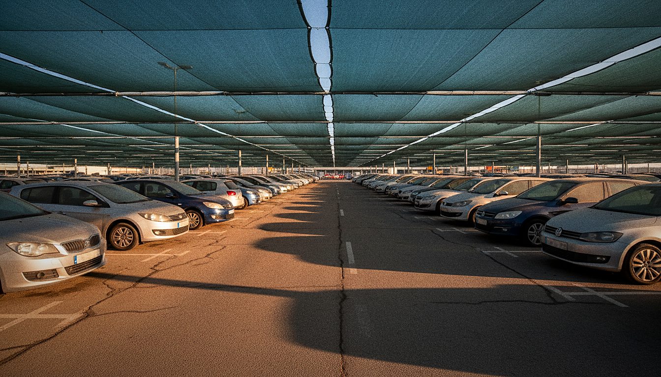 voitures alignées poussiéreuses sur un parking longue durée, ombre de filet brise-soleil