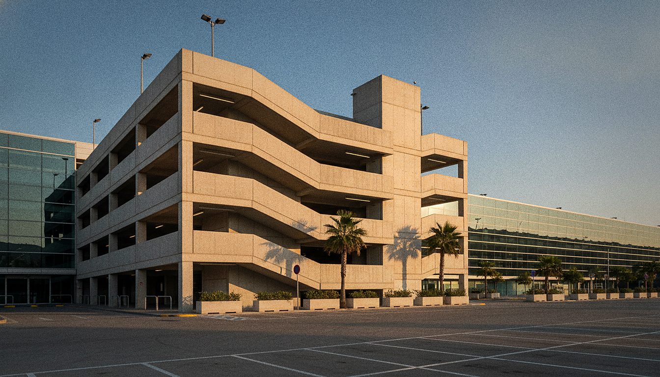 parking officiel multi-niveaux en béton clair devant une aérogare