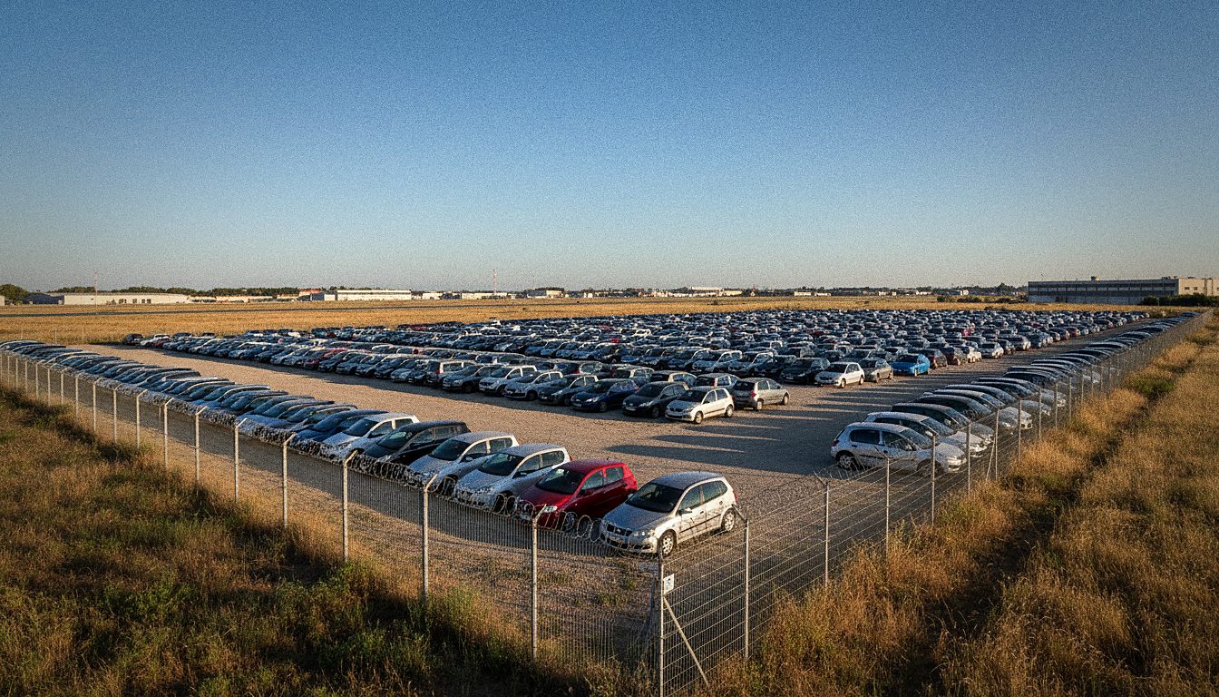 grand parking extérieur bon marché en périphérie, rangées de voitures et clôture grillagée