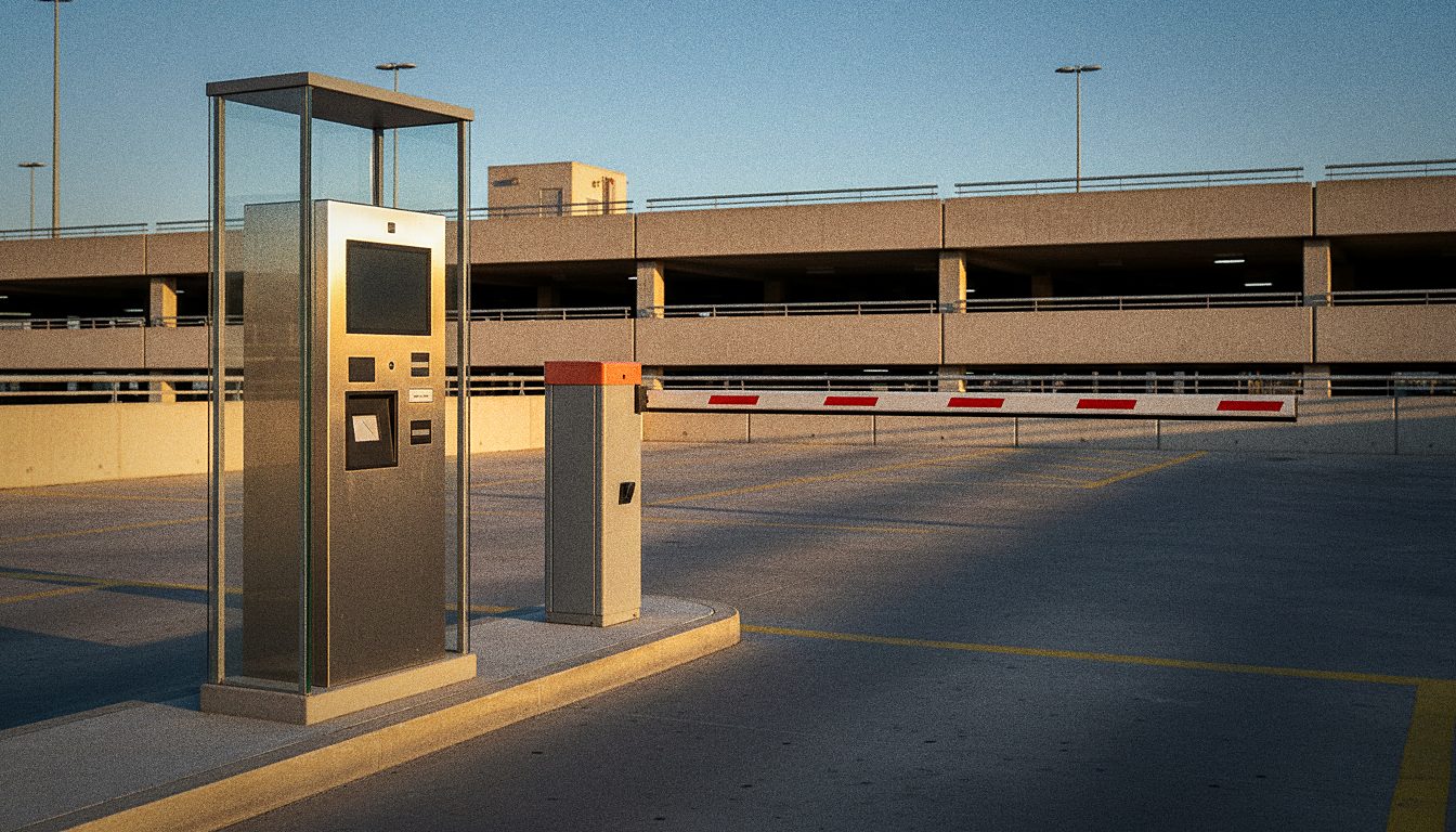 borne de paiement automatique d'un parking d'aéroport, barrière levée derrière