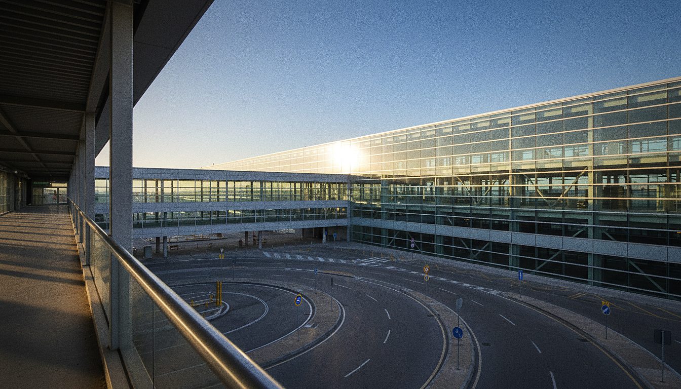 façade vitrée du terminal 1 vue depuis la passerelle du parking, dépose-minute au premier plan