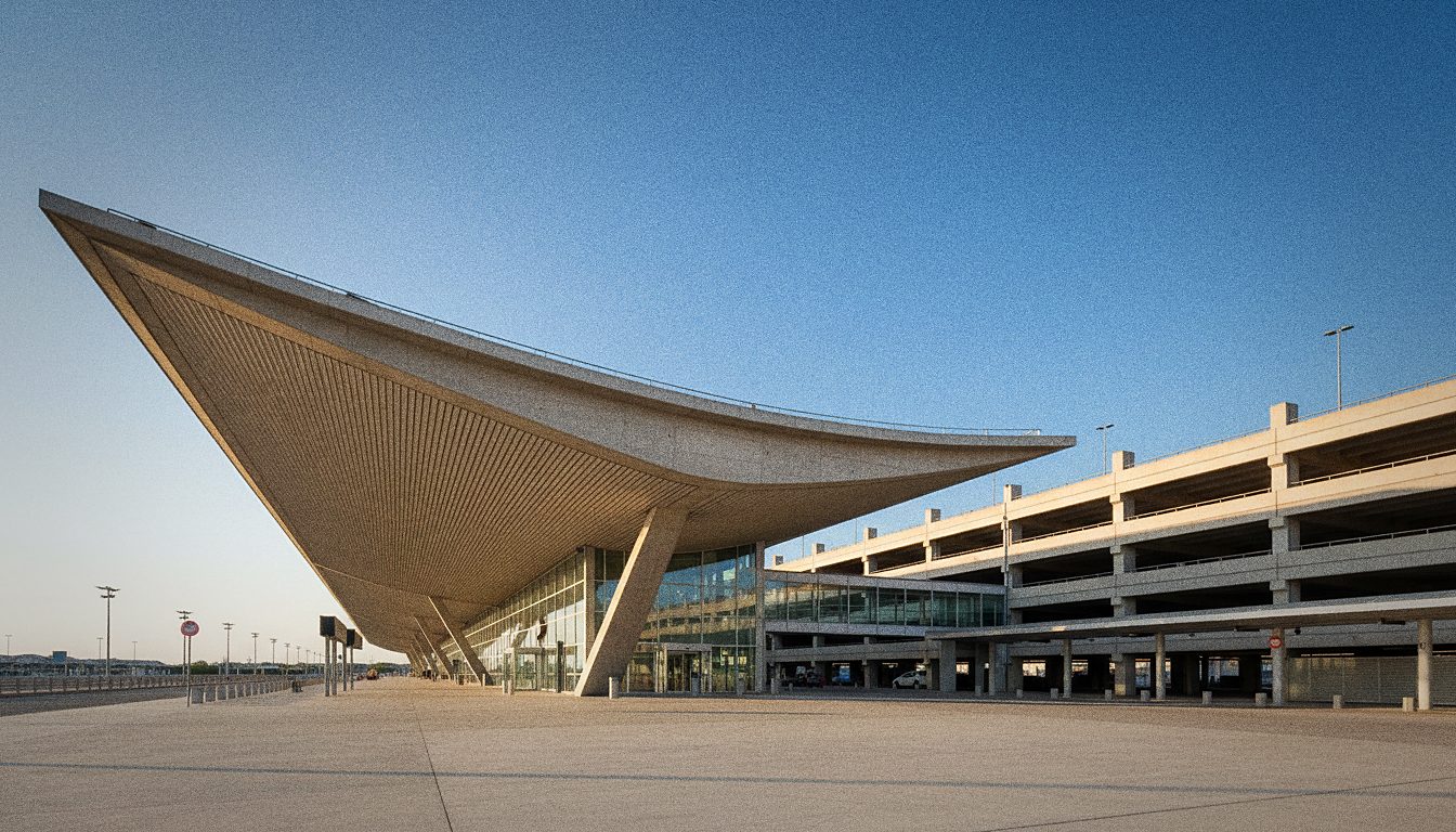 entrée du terminal 2 avec auvent béton et parking couvert attenant