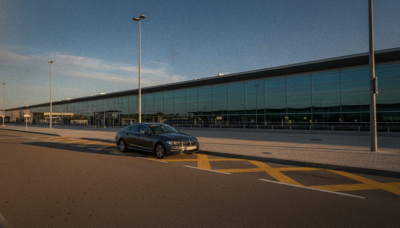 zone de dépose-minute devant le hall des départs, voiture arrêtée le long du trottoir, marquage au sol jaune fraîchement peint