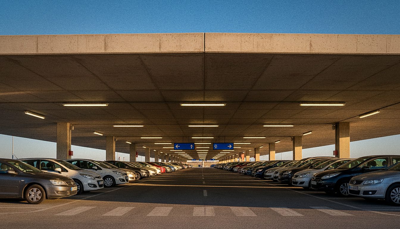 parking couvert éclairé, rangée de voitures alignées sous la dalle béton, panneaux directionnels bleus en bout d'allée