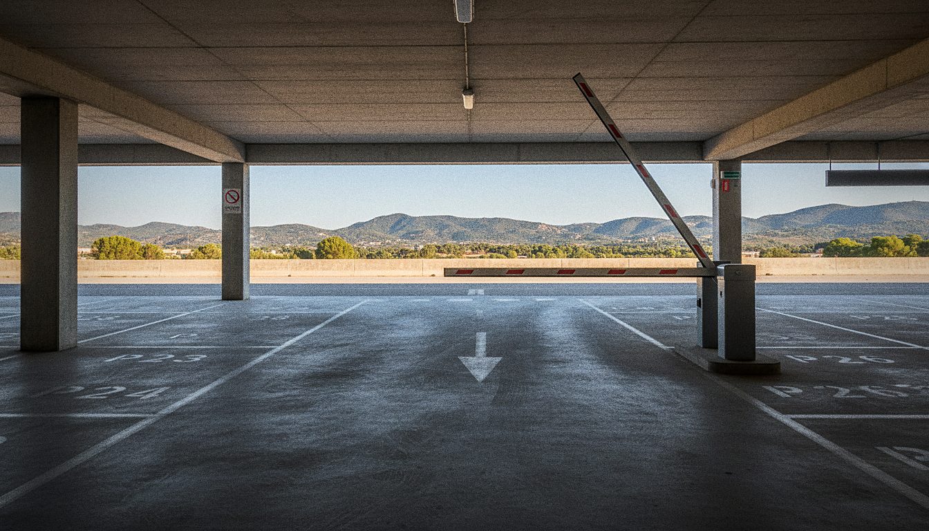 parking souterrain d'hôtel, barrière levante et places numérotées au sol, collines du Garraf à l'horizon