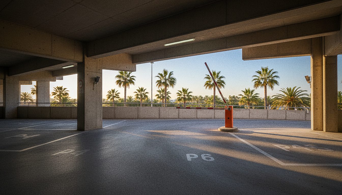 parking souterrain d'hôtel, barrière levante et places numérotées au sol, palmiers en arrière-plan