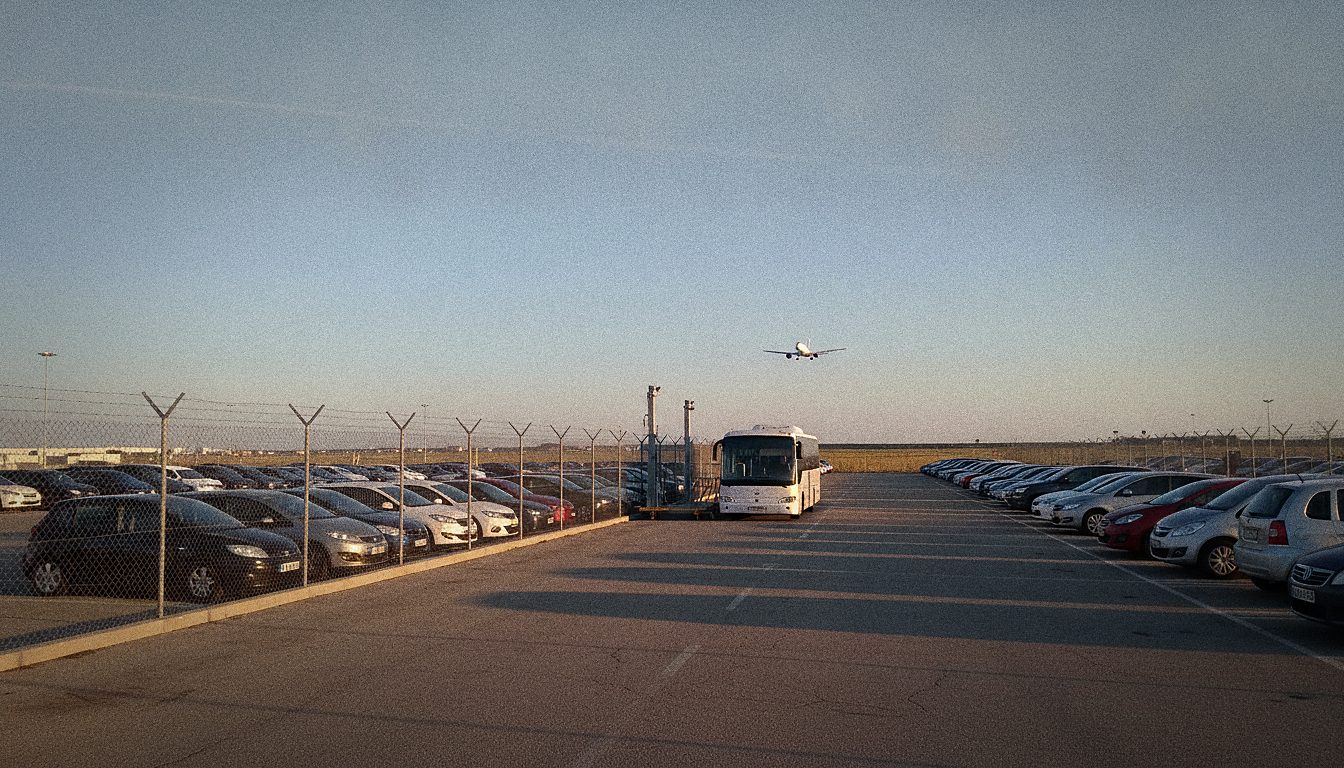 parking relais extérieur clôturé, rangées de voitures et navette blanche à quai, ciel dégagé et avion en approche au loin