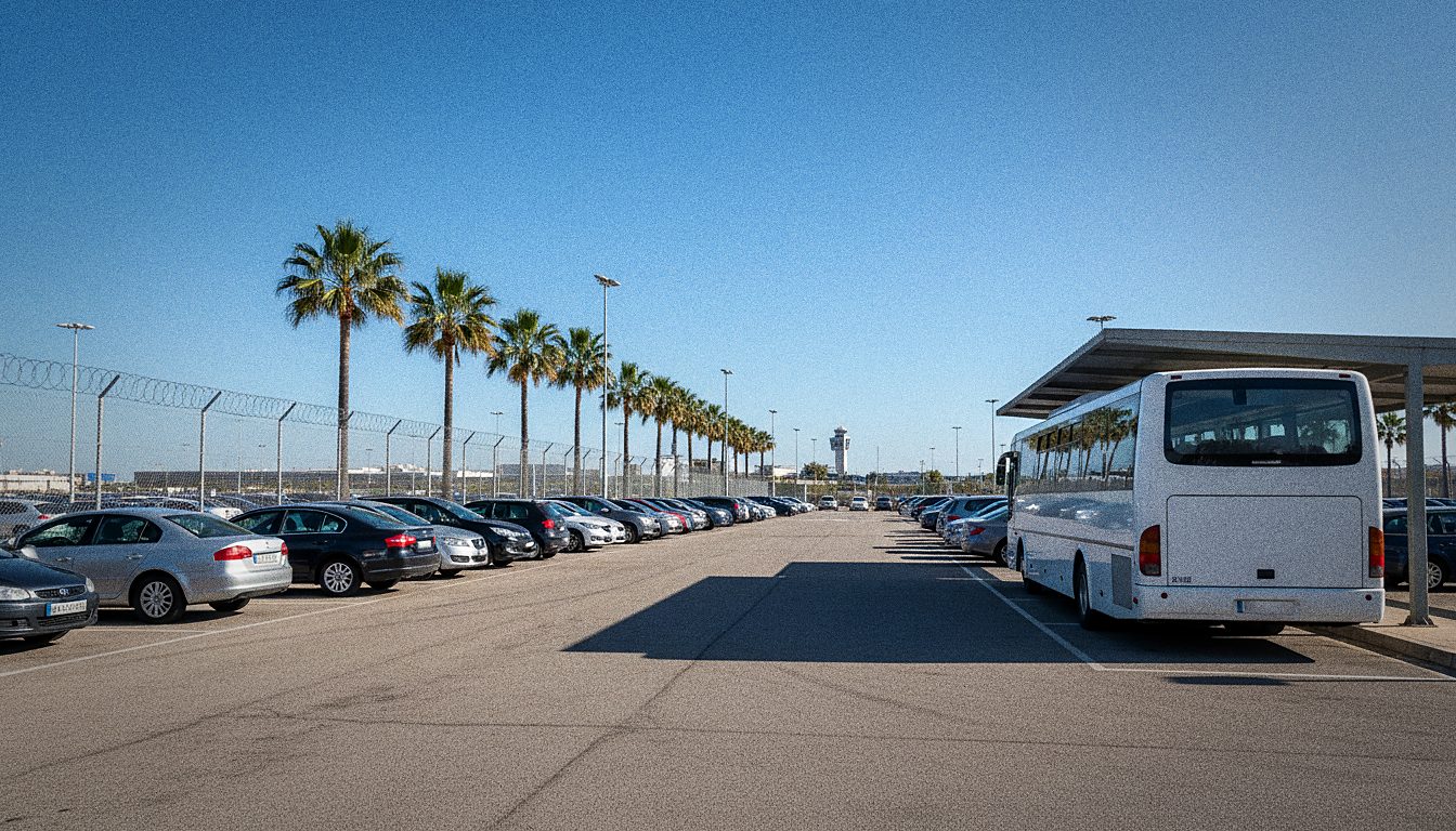 parking relais extérieur clôturé, rangées de voitures et navette blanche à quai, palmiers en arrière-plan