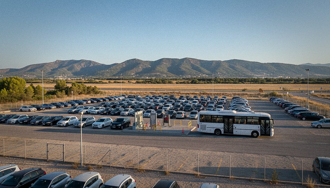 parking relais extérieur clôturé, rangées de voitures et navette blanche à quai, collines du Garraf à l'horizon