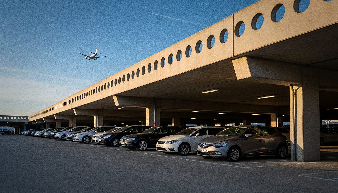 parking couvert éclairé, rangée de voitures alignées sous la dalle béton, ciel dégagé et avion en approche au loin