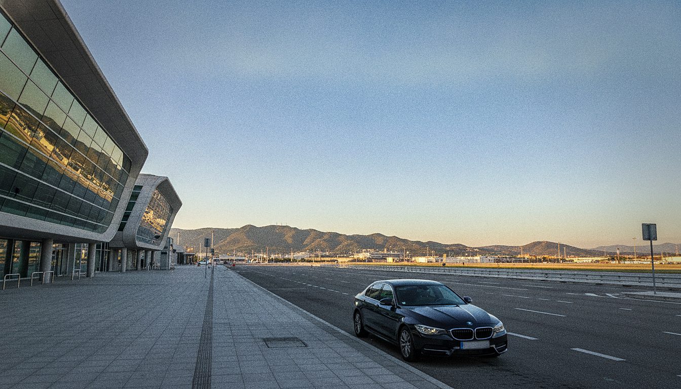 zone de dépose-minute devant le hall des départs, voiture arrêtée le long du trottoir, collines du Garraf à l'horizon