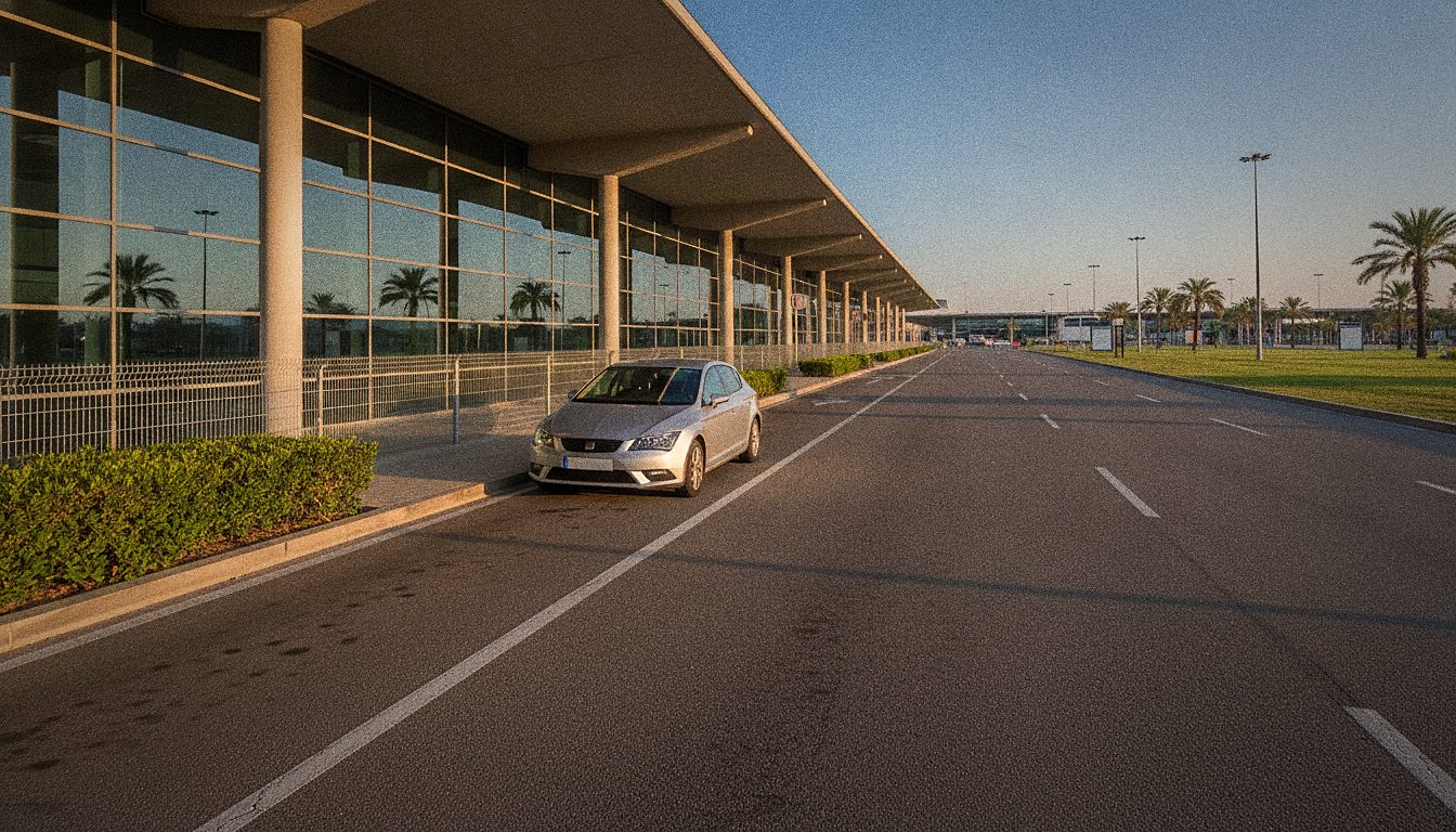 zone de dépose-minute devant le hall des départs, voiture arrêtée le long du trottoir, haies basses le long de la clôture