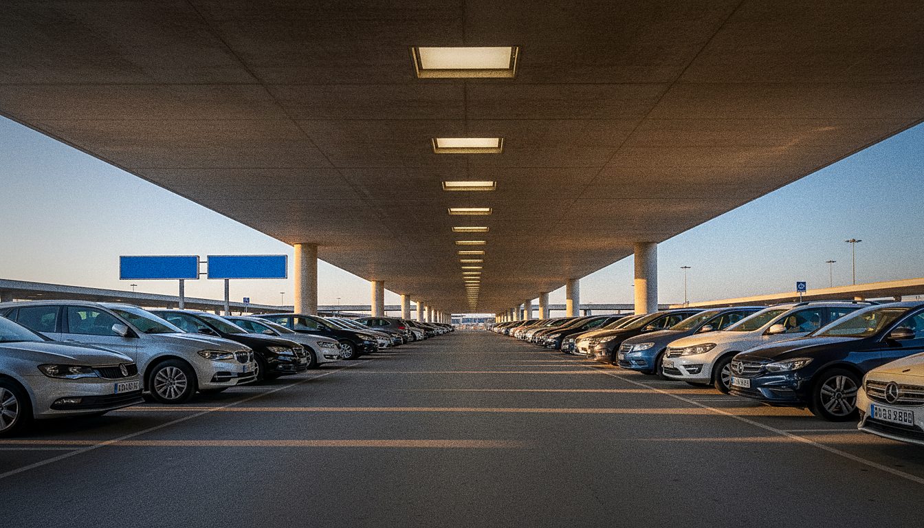 parking couvert éclairé, rangée de voitures alignées sous la dalle béton, panneaux directionnels bleus en bout d'allée
