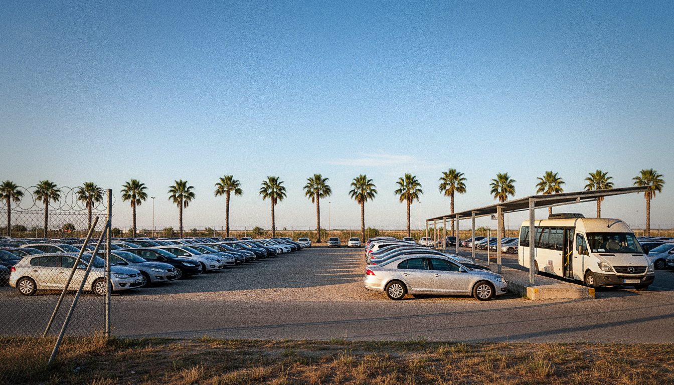 parking relais extérieur clôturé, rangées de voitures et navette blanche à quai, palmiers en arrière-plan