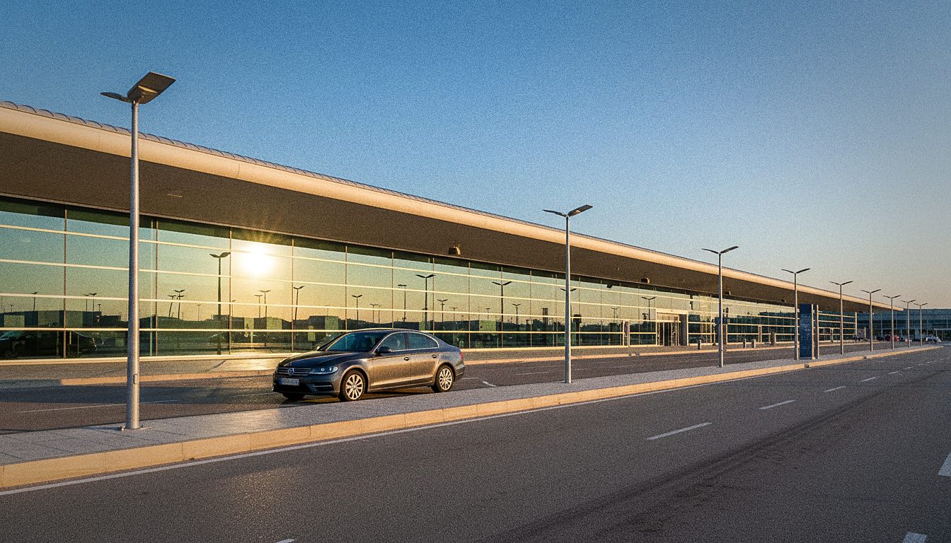 zone de dépose-minute devant le hall des départs, voiture arrêtée le long du trottoir, lampadaires métalliques et bitume clair