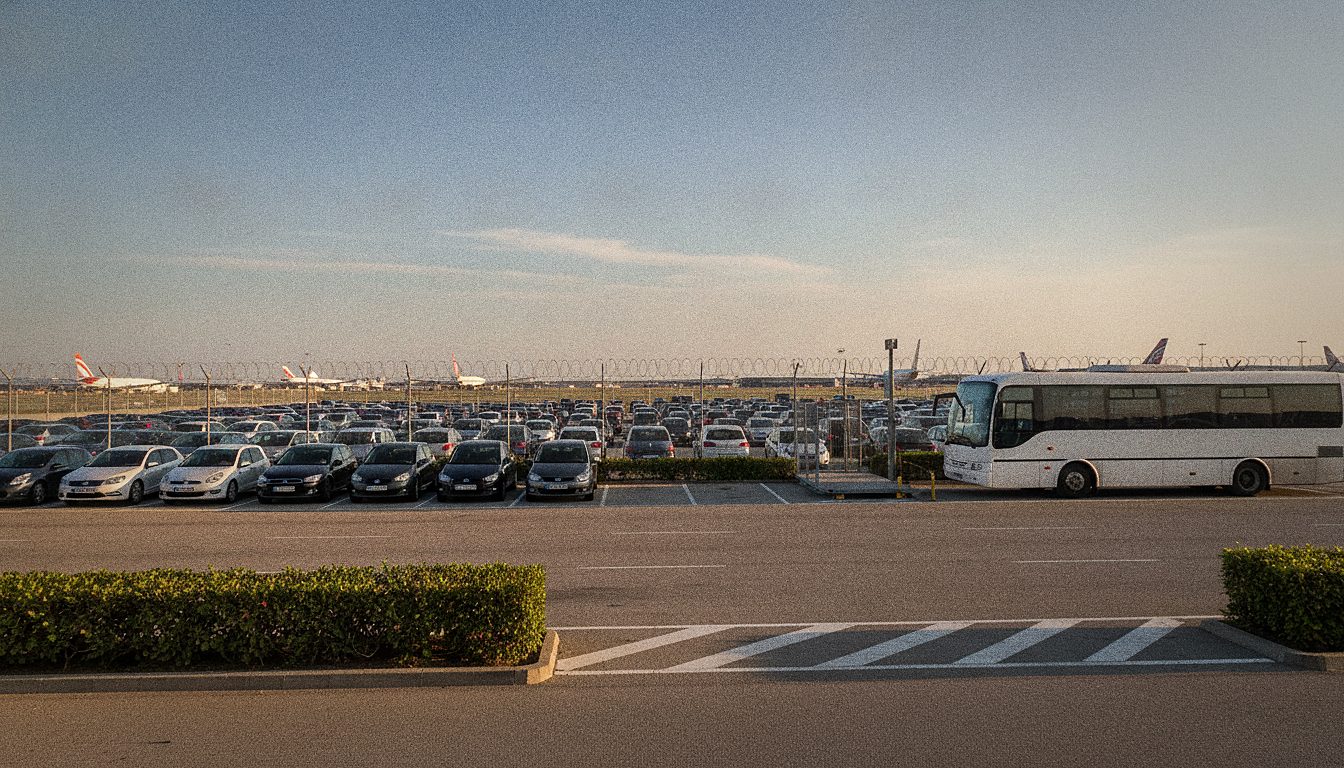 parking relais extérieur clôturé, rangées de voitures et navette blanche à quai, haies basses le long de la clôture
